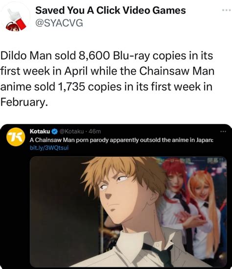 Dildo Man sold 8,600 Blu-ray copies in its first week in April while the Chainsaw Man anime sold 1,735 copies in its first week in February. 05 Jun 2023 23:03:34